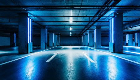 Futuristic and modern underground parking garage with neon lighting, spacious interior, and contemporary architecture. AI-generated contentの素材