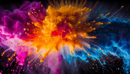 Dynamic colorful paint bursts in midair on a stark black backdrop, creating a vivid contrast. AI-generated contentの素材