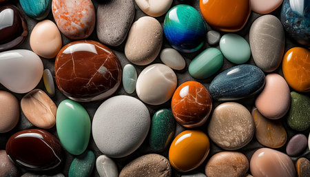 High-quality image showscasing a variety of smooth marble stones creating a seamless abstract pattern, perfect for backgrounds. AI-generated contentの素材