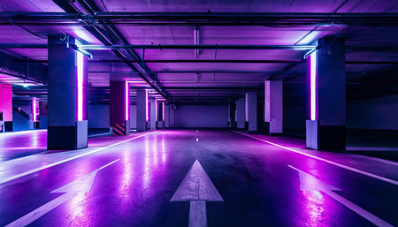 Perspective view of an empty futuristic underground parking space illuminated by vibrant neon lights. AI-generated contentの素材