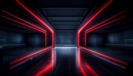 Dark minimalist studio room illuminated by striking neon lights, creating a futuristic atmosphere with a strong perspective. AI-generated contentの素材