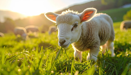 A charming young lamb grazes on lush green grass in a sun-drenched meadow. Golden light bathes the scene, with other sheep softly blurred in the background. AI-generated contentの素材