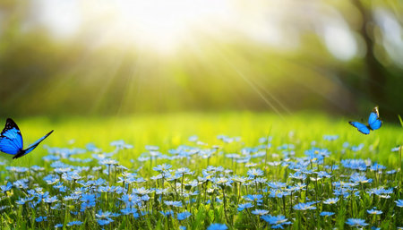Butterflies flutter over a vibrant field of white daisies bathed in sunlight. Bright green grass and light rays create a peaceful, spring scene. AI-generated contentの素材