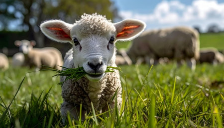 A charming young lamb grazes on lush green grass in a sun-drenched meadow. Golden light bathes the scene, with other sheep softly blurred in the background. AI-generated contentの素材