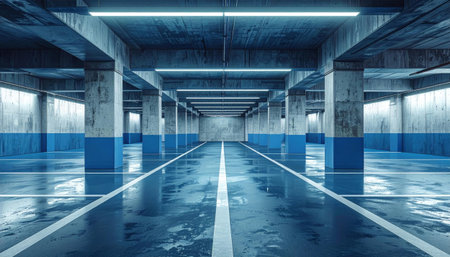An empty, sprawling underground parking garage features concrete pillars, fluorescent lighting, and a reflective floor with bold blue and subtle yellow markings. AI-generated contentの素材