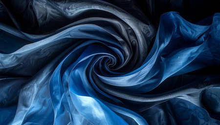 A dynamic close-up of blue, white, black and gray fabrics intricately swirling into a textured vortex. The textile's shimmering surface creates a visually engaging pattern. AI-generated contentの素材