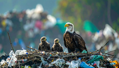 Eagle and chicks in nest surrounded by plastic pollution in natural habitat, wildlife 128070(1)の素材