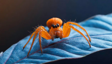 Macro shot of a small orange jumping spider perched on a vibrant blue tropical leaf, set against a dark background. AI-generated contentの素材