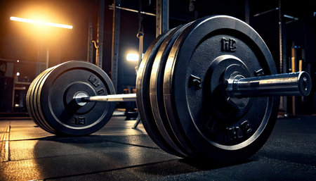 Closeup of a loaded barbell resting on a gym floor. Dark, moody lighting enhances the metallic texture of the weights. AI-generated contentの素材