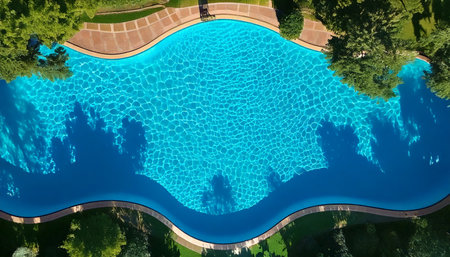 An overhead shot reveals a vibrant blue swimming pool with a unique, curved design. Lush green trees and landscaping surround the pool, creating a tranquil oasis. AI-generated contentの素材