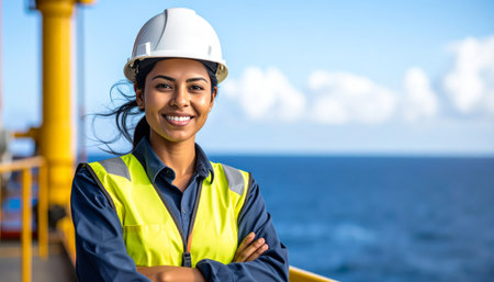 A smiling female engineer in a white hard hat and yellow safety vest stands on an offshore platform. The bright blue sky and ocean create a clear background. AI-generated contentの素材