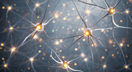 A visual representation of multiple neurons with bright, glowing cell bodies and intricate connections, set against a dark, bokeh-filled background. It symbolizes brain activity. AI-generated contentの素材
