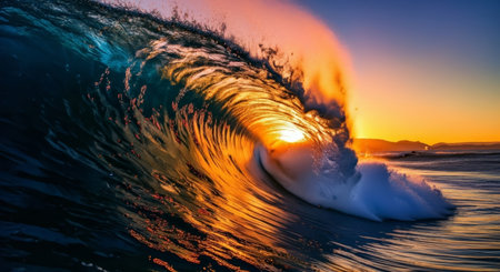 A powerful ocean wave barrels at sunset, with golden light from the sun shining through the curl. The sky is a warm gradient above distant mountains. AI-generated contentの素材