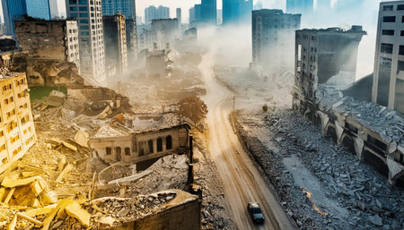 Desolate urban landscape filled with collapsed structures and debris in a post-apocalyptic city ruins scene after a catastrophic war. AI-generated contentの素材