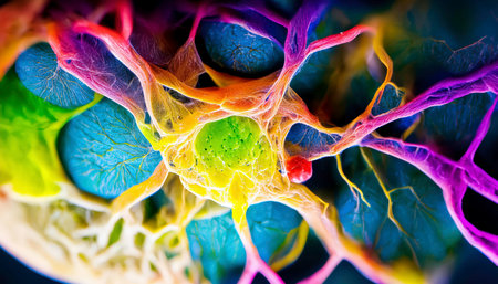 Abstract macro illustration of neural network structure and pathways in the brain, showing intricate details of neurons, synapses, dendrites and axons. AI-generated contentの素材