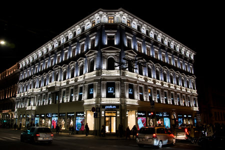 Latvia, Riga - November 17, 2019. City center with illuminated building at night.のeditorial素材