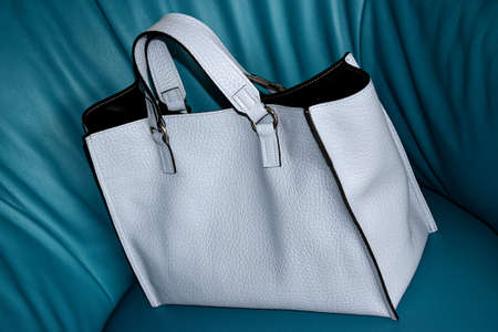 Pale blue womens genuine leather shopper bag.の写真素材