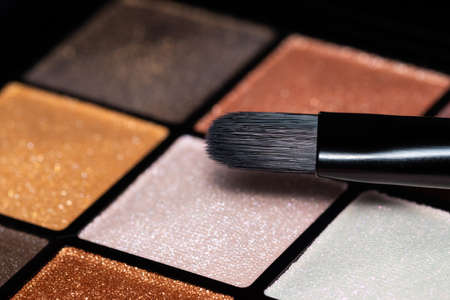 Close up photo of colourful eyeshadow palette with soft brush.の写真素材
