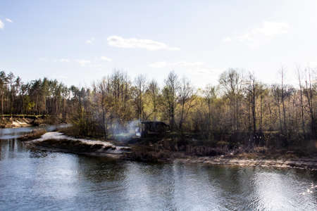 Ukranian landscape in the forest. Pine forest with a river name Psel in city Sumy. Pine trees on a...