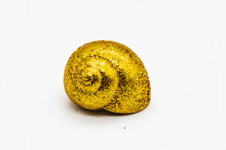 Empty shell of a snail in the gold glitter against white background. Snail shell paint in gold color isolated on white background. Beautiful concept for design with gold glitterの写真素材
