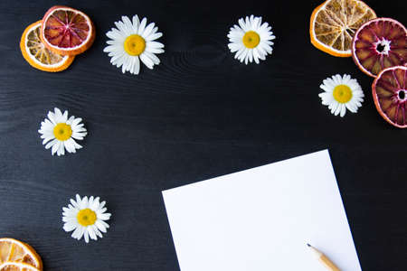 White daisies and dry oranges with pencil on a dark wooden background. Beautiful spring composition with white paper, template with copy space for textの写真素材