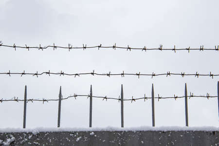 Barbed wire on the fence against light background in the winter cloudy day