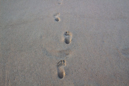 Footprints in the sand on the beach against background.