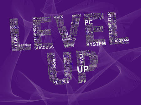 Words LEVEL UP with technology words inside. Concept with cloud words on purple background.