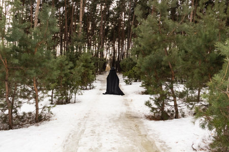 Blonde woman in a black cloak with a hood in winter in a pine forest. Female in cloak with hood from...