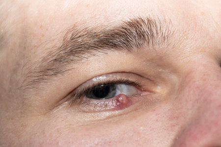 Eye of a guy with stye close-up. Acute red purulent inflammation of the hair follicle of the eyelashes of a man.の写真素材