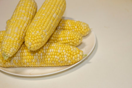 Raw cobs of sweet corn on plate against background. Tasty sweet corn on cobsの写真素材