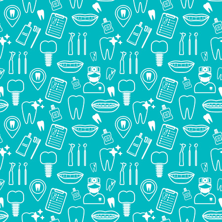 Dental seamless pattern. White linear icons. Blue backdrop Flat design. Vector illustrationのイラスト素材