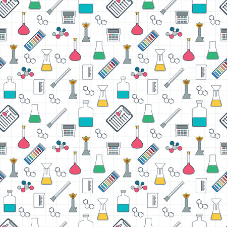 Drawing chemical seamless pattern. Chemical glassware and reagents. Flat design. Vector illustrationのイラスト素材