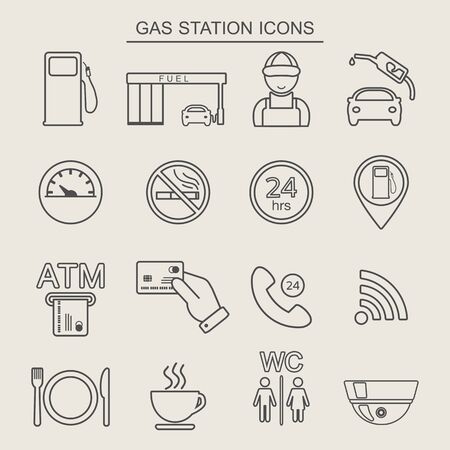 16 fuel station line icons. Monochrome color. Vector illustrationのイラスト素材