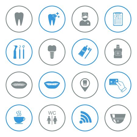 Set of dental icons. Isolated. Grey and blue. vector illustrationのイラスト素材