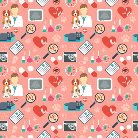 Veterinary seamless pattern. Vet clinic. Flat design. Red background. Vector illustrationのイラスト素材