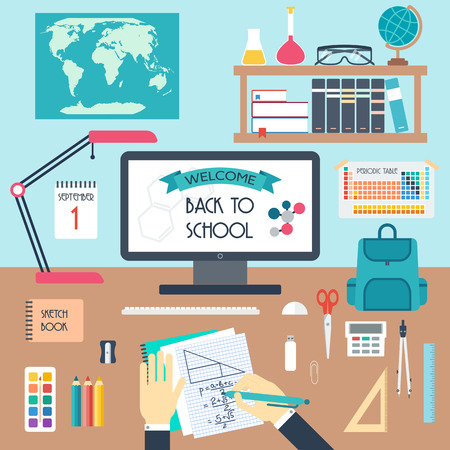 Welcome to school. Back to scholl. Workplace. Flat design. vector illustrationのイラスト素材