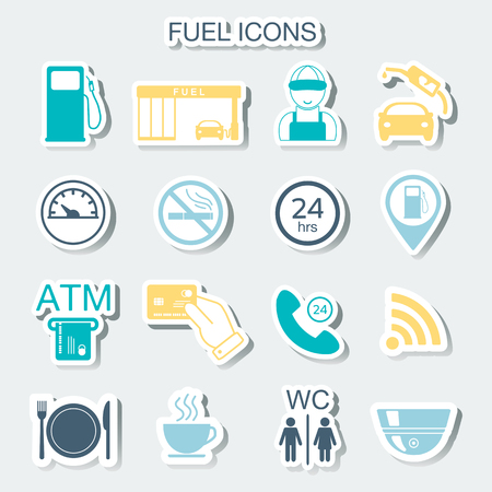 16 gas station icons. Fuel icons. Stickers. Vector illustrationのイラスト素材