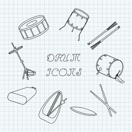 Linear drum icons on the notebook sheet in a cage. Doodle. Vector illustrationのイラスト素材