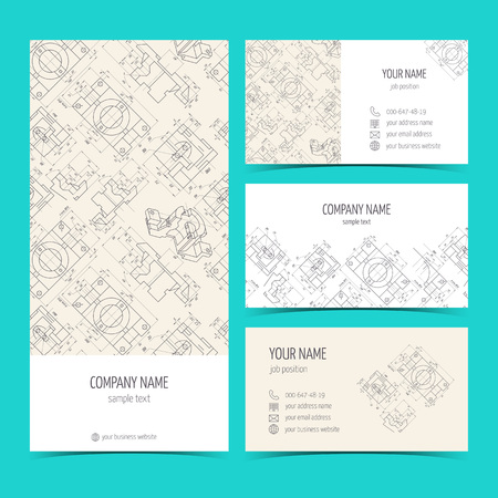 Engineering business cards, flyers, leaflets with the drawings. Blue color. Vector illustrationのイラスト素材