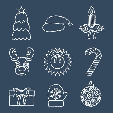Christmas line icons, written in chalk. Vector illustrationのイラスト素材