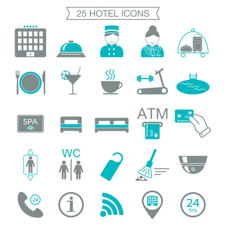 25 hotel services icons. Color block. Isolated. vector illustrationのイラスト素材
