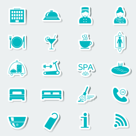 Hotel services icons. Stickers. Blue. Vector illustrationのイラスト素材