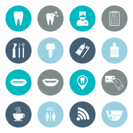 Set of dental icons. Silhouette. White. Flat design. vector illustrationのイラスト素材