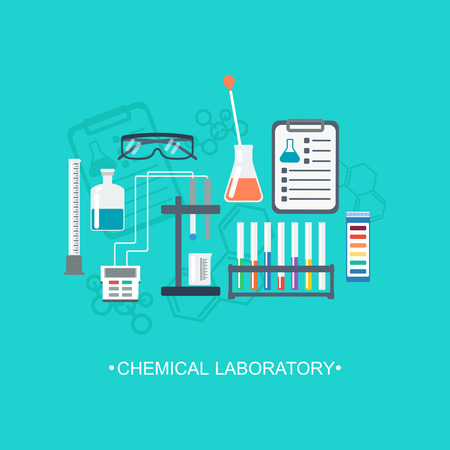 The chemical background, banner, cover. Flat design. Chemical glassware, laboratory. vector illustrationのイラスト素材