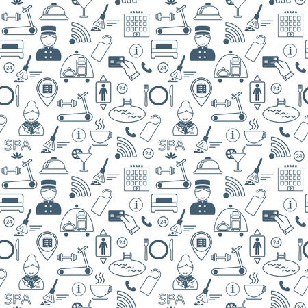 Seamless pattern of hotel service and entertainment. Flat design. Vector illustrationのイラスト素材