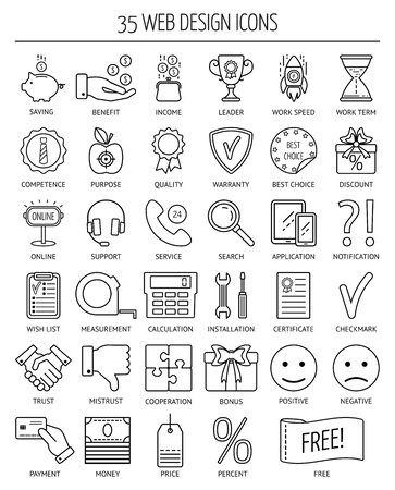 35 linear web icons. Line icons for business, web development and landing page. Flat design. Vector illustrationのイラスト素材