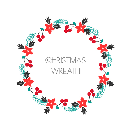 Season greeting wreath with rowanberry,fir branches, poinsettia. Round frame for Christmas cards, invitations, print and winter design. illustrationのイラスト素材