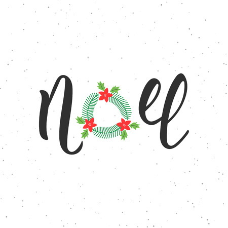 Noel hand written modern brush lettering inscription. Lettering Noel text with Christmas wreath. Holiday design, art print for posters, greeting cards design.  illustrationのイラスト素材