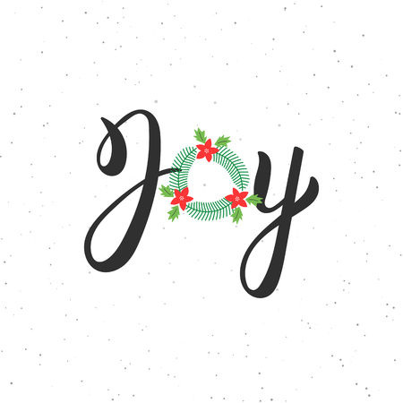 Joy hand written modern brush lettering inscription. Lettering Noel text with Christmas wreath. Holiday design, art print for posters, greeting cards design.  illustrationのイラスト素材